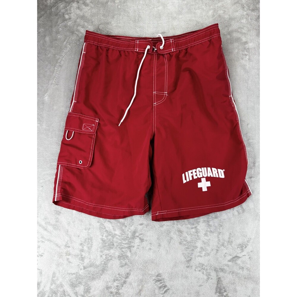 Lifeguard Mens Swim Trunks XL Red Polyester Solid Regular Lined Drawstring Logo